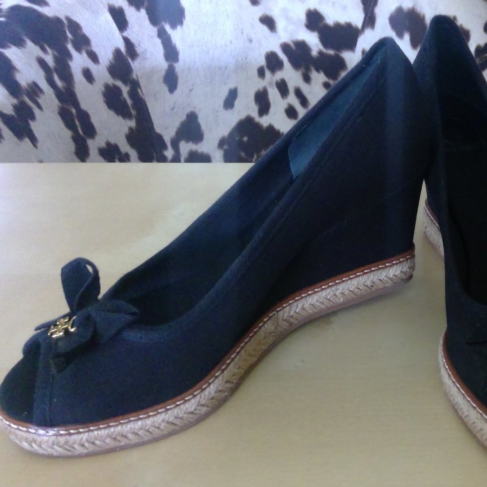 Tory Burch Black/Tan Espadrille Sandals Sz 9.5